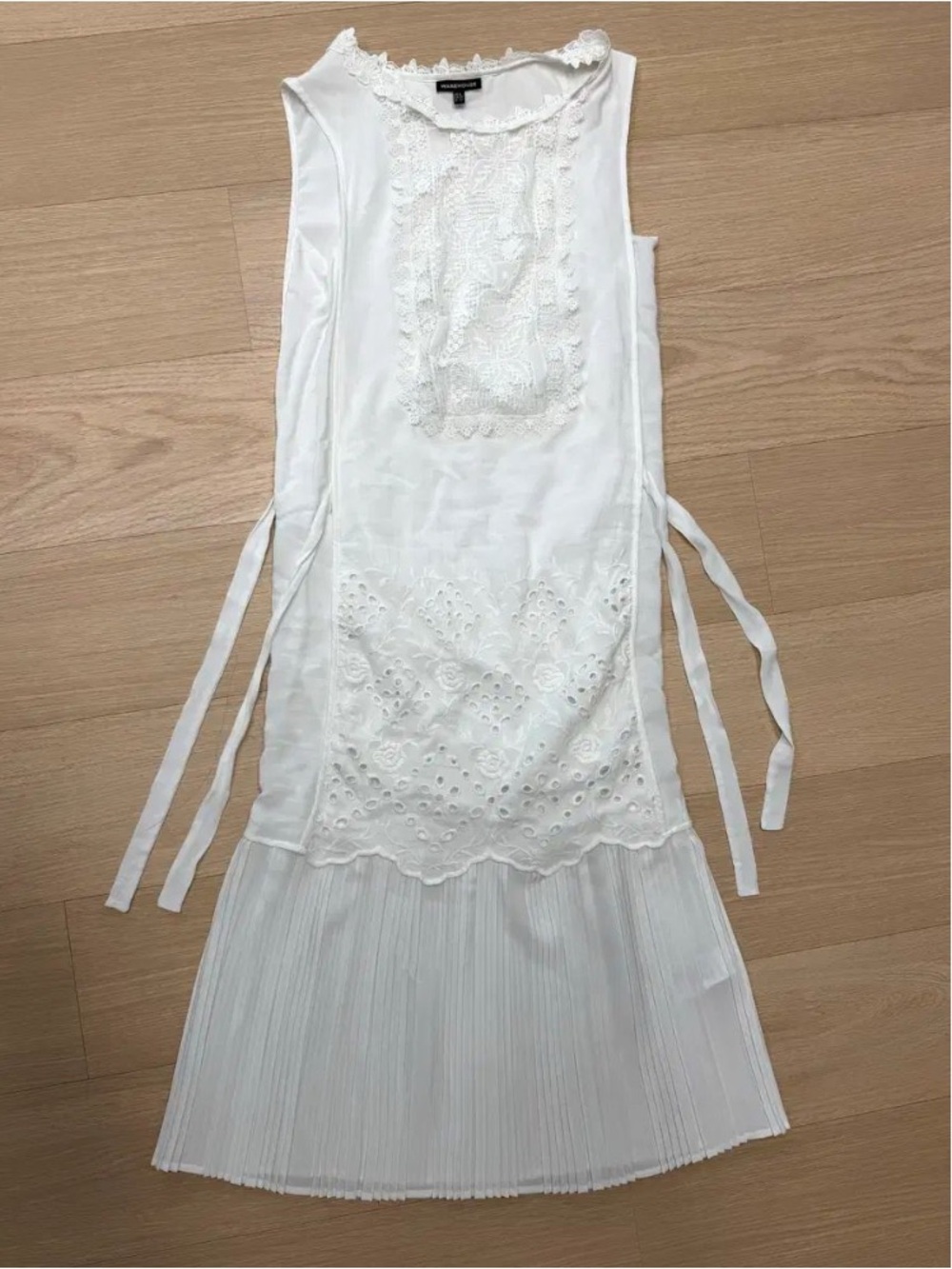 Warehouse White Lace-Trim bib Midi Dress w pleated bottom & bow side ties